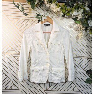 Bebe Women;s White Cotton Linen Blazer Jacket Short 3 Button Size 4 READ